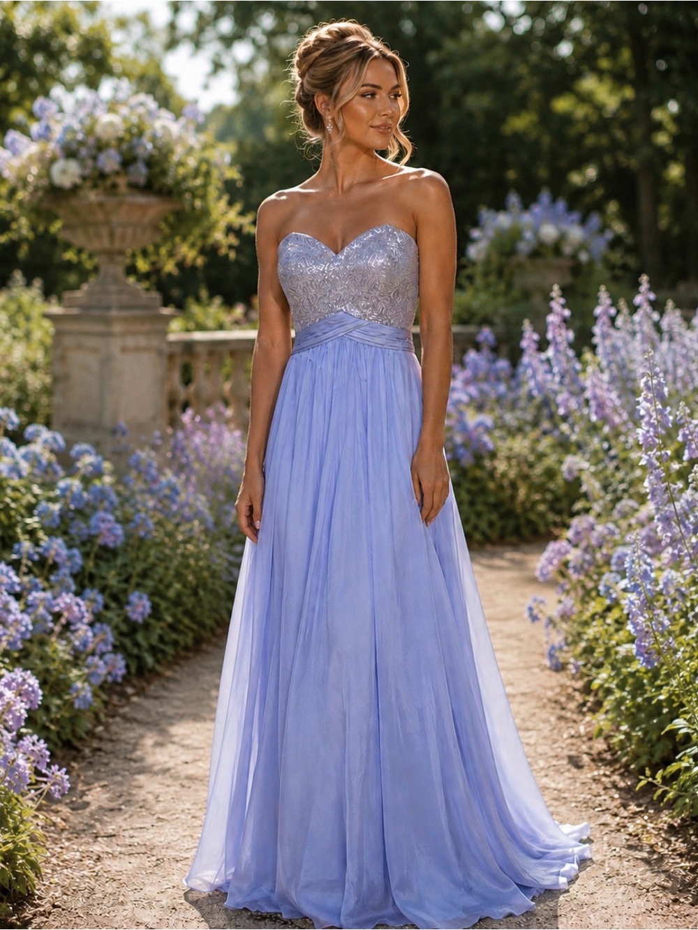 La Femme Strapless Lace Bodice Periwinkle Evening Gown